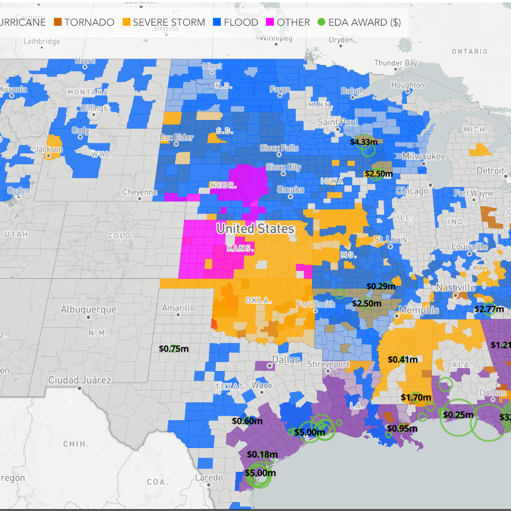APRED analytics map showing US counties shaded by disaster type with EDA award amounts overlaid